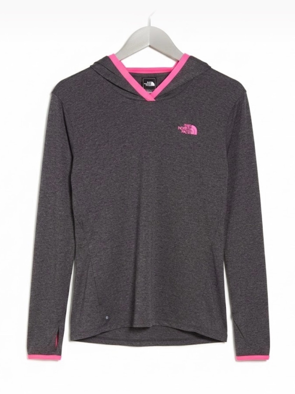 The North Face FlashDry Active Hoodie XL Gray Pink Thumbhole Workout Long Sleeve